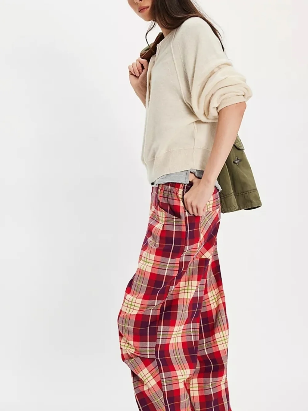 Free People Nice Choice Pull On Trouser Wine Combo-Lantern Plaid XS NWOT
